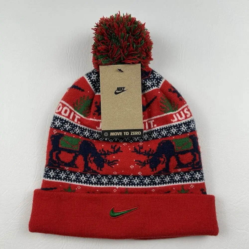 Nike Christmas Pom Beanie Hat Red Reindeer Just Do It Cuffed One Size NWT